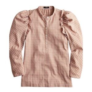 J. Crew Pink and Blue Plaid Puff-Sleeve Ruffle-Shoulder Sz XL